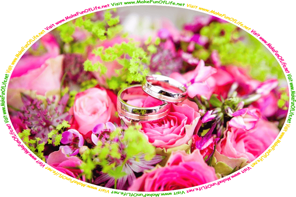 Picture of a pair of wedding bands placed atop the petals of a bouquet of roses, and the words, ‘Visit www.MakeFunOfLife.net.’