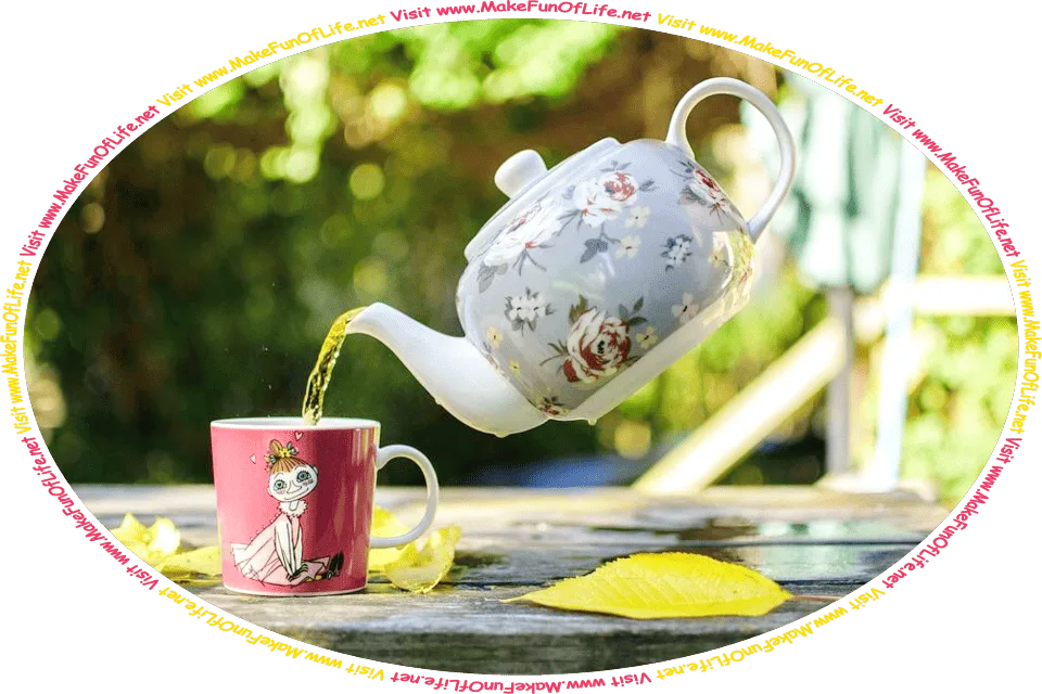 Picture of tea pouring from the spout of a teapot into a cup, and the words, ‘Visit www.MakeFunOfLife.net.’