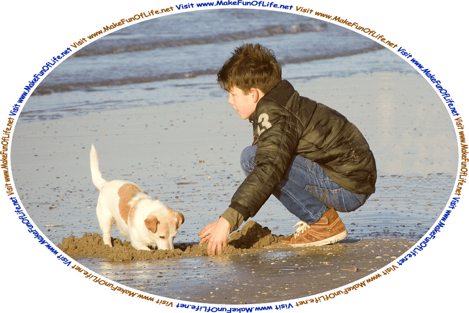 Picture of a boy on a beach, as his puppy dog digs in the sand with its front paws, and the words, ‘Visit www.MakeFunOfLife.net.’