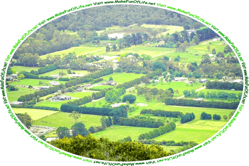 Picture of a rural area as seen from above, with roads, houses, green lawns, hedgerows or lines of bushes separating properties, and the words, ‘Visit www.MakeFunOfLife.net.’