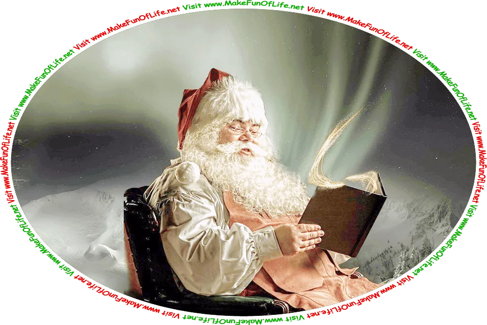 Picture of Santa Claus reading aloud from a book, with snow-covered mountains and evergreen trees in the background and the Northern Lights, or Aurora Borealis, lighting up the night sky.