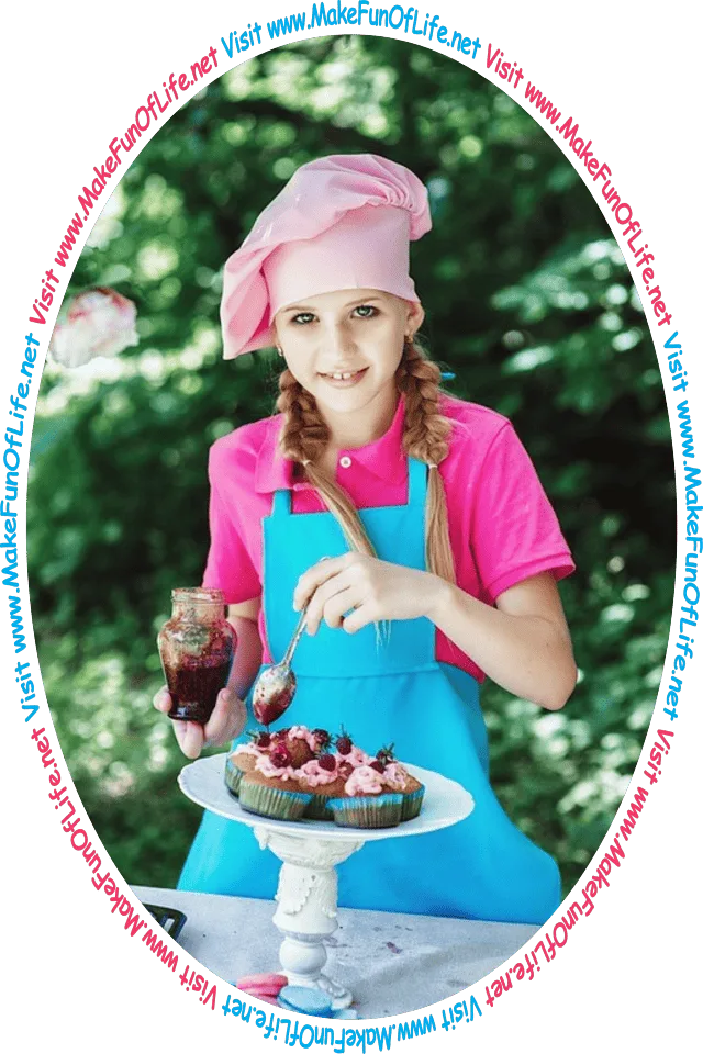 Picture of a happy smiling young lady standing at a table under a tree as she puts toppings onto cupcakes, and the words, ‘Visit www.MakeFunOfLife.net.’