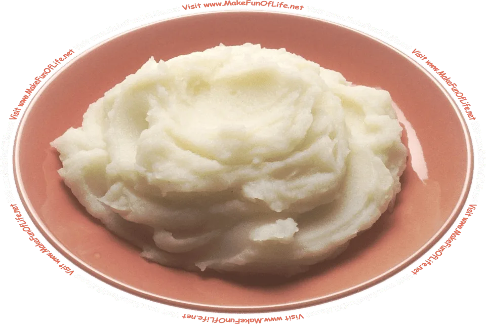 Picture of mashed  potatoes on a plate, and the words, ‘Visit www.MakeFunOfLife.net.’