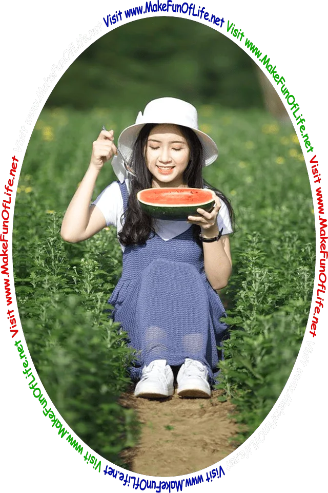 Picture of a happy smiling woman sitting in a field, eating half of a watermelon, and the words, ‘Visit www.MakeFunOfLife.net.’