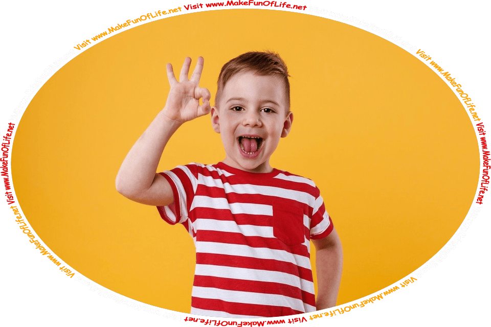 Picture of a happy smiling boy making an a-okay sign with his raised hand, and the words, ‘Visit www.MakeFunOfLife.net.’