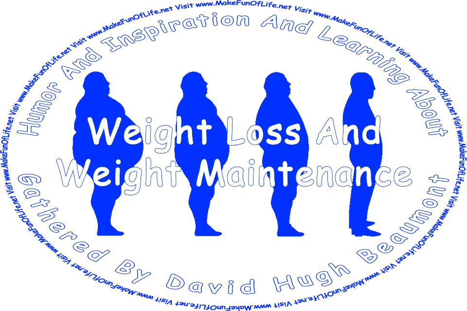 Picture of a four silhouettes of a man, showing him becoming progressively slimmer as he loses weight, and the words, ‘Weight Loss And Weight Maintenance Gathered By David Hugh Beaumont - Visit www.MakeFunOfLife.net.’