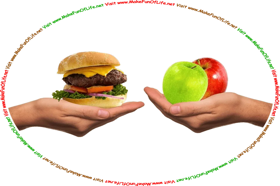 Picture of two human hands, one holding a cheeseburger, and the other holding a green apple and a red apple, and the words, ‘Visit www.MakeFunOfLife.net.’