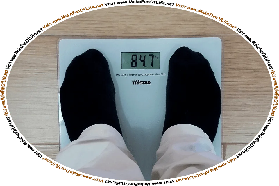 Picture of a person standing on a weight scale, and the words, ‘Visit www.MakeFunOfLife.net.’