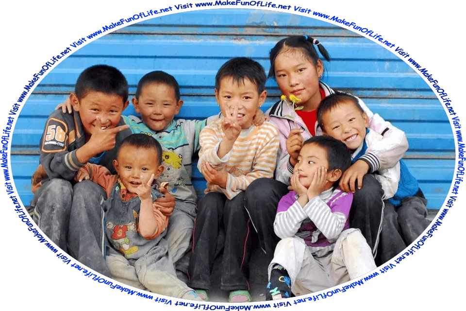 Picture of a group of seven happy smiling children, and the words, ‘Visit www.MakeFunOfLife.net.’
