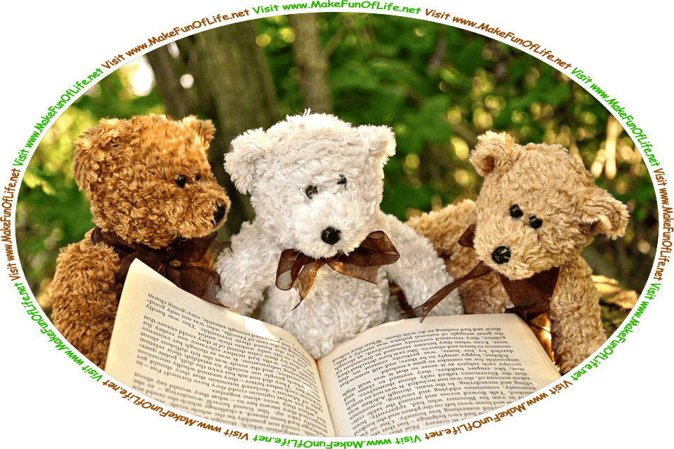 Picture of three teddy bears reading a book, and the words, ‘Visit www.MakeFunOfLife.net.’