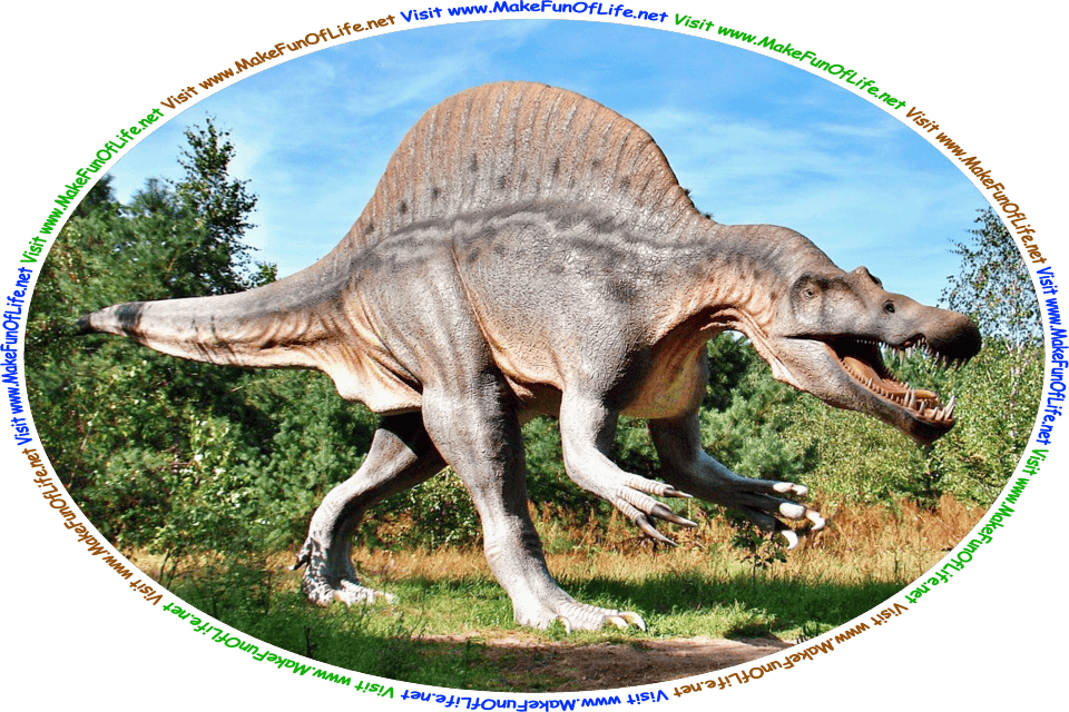 Picture of a dinosaur with sharp teeth and long sharp claws, walking in a woodland area, and the words, ‘Visit www.MakeFunOfLife.net.’