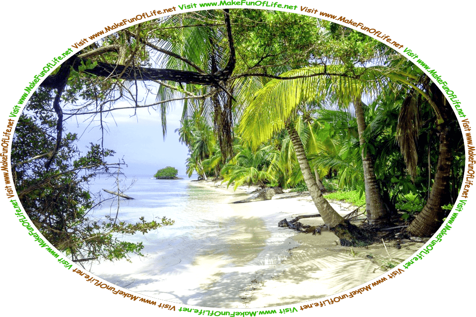 Picture of a tropical beach with white sand, clear calm water, palm trees, green leafy plants, a blue sky with fluffy white clouds, and the words, ‘Visit www.MakeFunOfLife.net.’