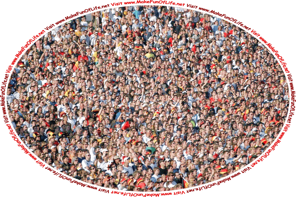 Picture of a large crowd of spectators at an event, and the words, ‘Visit www.MakeFunOfLife.net.’