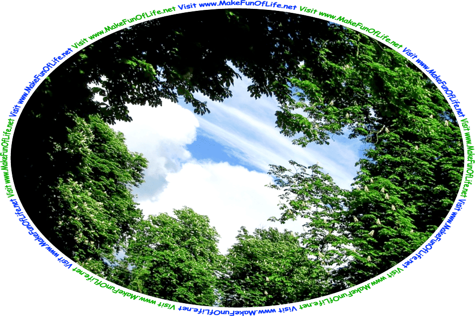 Picture of a tree canopy of green leaves and branches, framing or surrounding a view of a blue sky with fluffy white clouds, and the words, Visit www.MakeFunOfLife.net.’