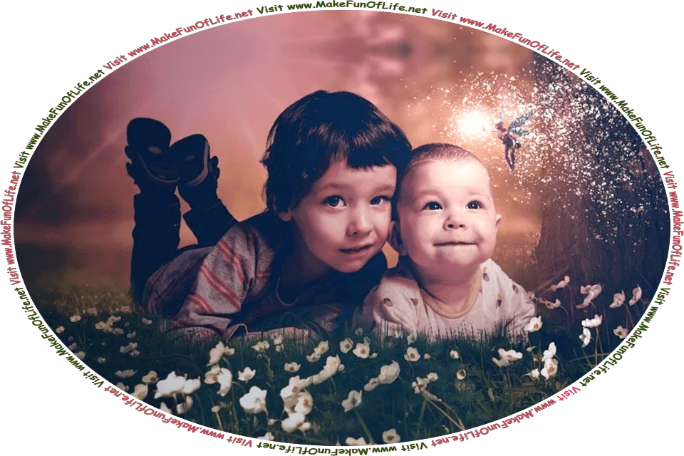 Picture of two children and a tiny fairy with a glittery, sparkly magic wand flying in front of them, and the words, Visit www.MakeFunOfLife.net.