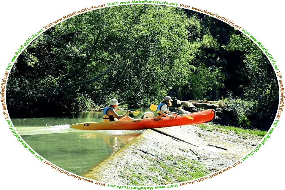 Picture of two people in a canoe, attempting to row it over a low dam on a river, and the words, Humor And Inspiration And Learning About Row, Row, Row The Boat Gathered By David Hugh Beaumont - Visit www.MakeFunOfLife.net.