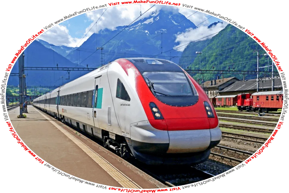 Picture of a modern aerodynamic electric train at a station on a railway going through a mountainous area, with leafy green trees covering the mountains, a cloudy sky above, and the words, Visit www.MakeFunOfLife.net.