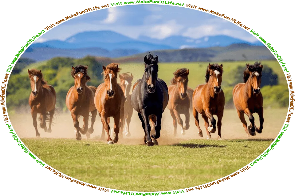 Picture of a herd of eight horses galloping across a green grassy field, with trees, hills, and mountains in the distance behind them, and the words, Visit www.MakeFunOfLife.net.