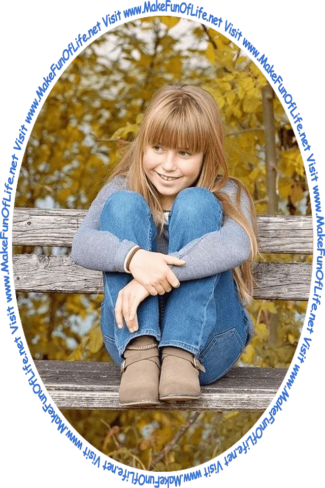 Picture of a girl looking at the words and pictures on the website, and the words, 'Visit www.MakeFunOfLife.net.'