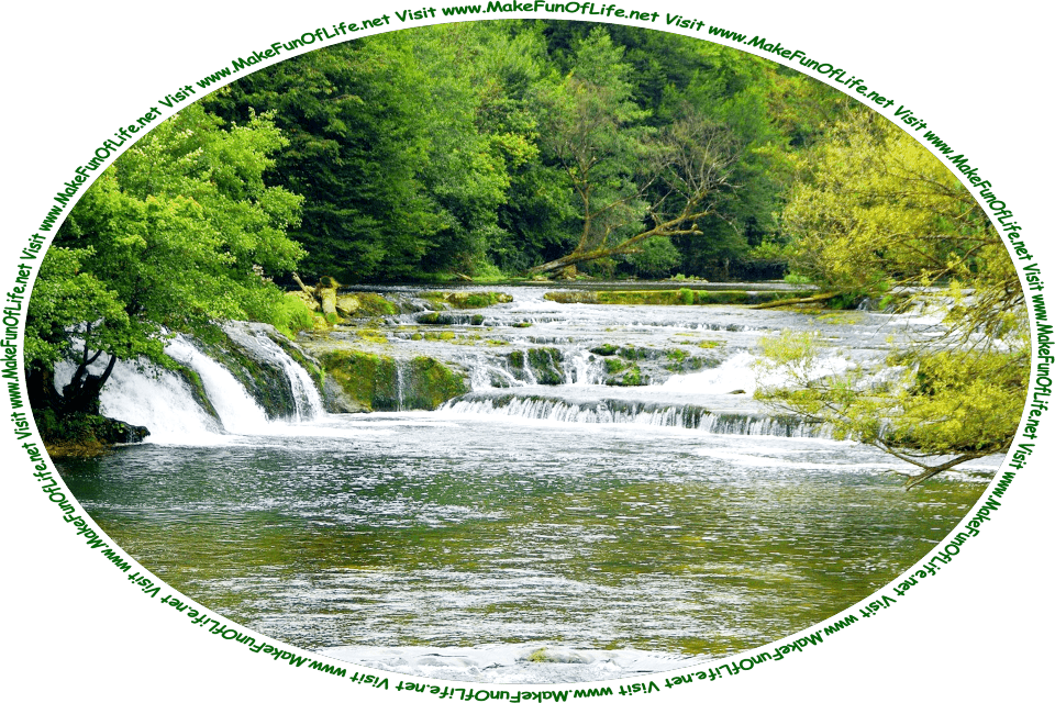 Picture of a wide river flowing through a dense wilderness of leafy green trees, and the words, ‘Visit www.MakeFunOfLife.net.’