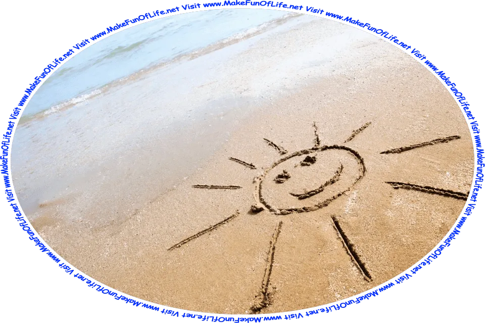 Picture of a sandy beach with a picture of the Sun with a smiley face drawn in the sand, water gently lapping up onto the beach, and the words, ‘Visit www.MakeFunOfLife.net.’