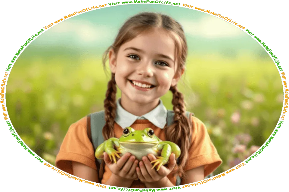 Picture of a happy smiling girl holding a large green frog, and the words, Visit www.MakeFunOfLife.net.