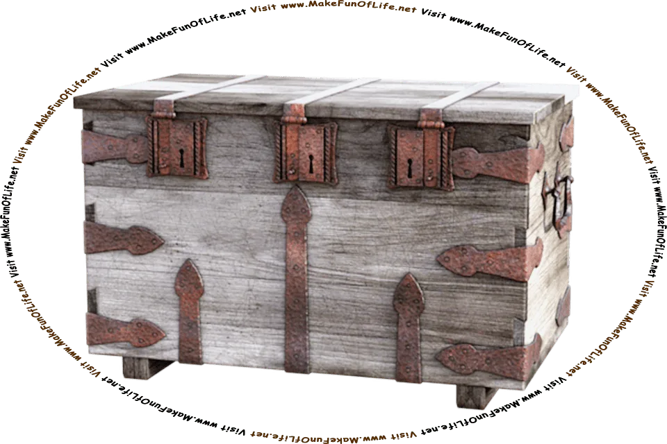 Picture of a rustic wooden chest with three locks and carrying handles on its ends, and the words, Visit www.MakeFunOfLife.net.