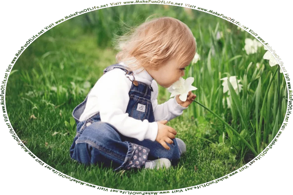Picture of a young child sitting cross-legged in green grass, bending forward to grasp and smell a white daffodil flower, and the words, Visit www.MakeFunOfLife.net.