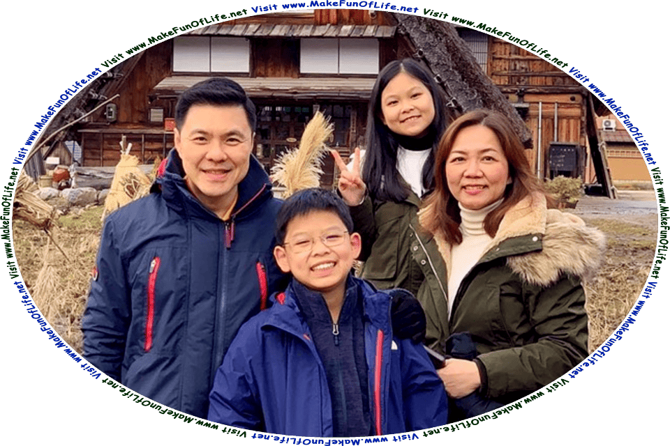 Outdoors picture of a happy smiling family, with a father, mother, daughter, and son, and the words, Visit www.MakeFunOfLife.net.