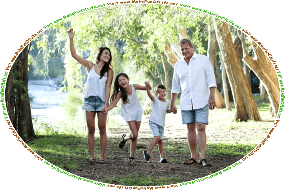 Picture of a family of 5, with a husband, wife, and 3 daughters, strolling through a park on a sandy trail, with green grass and semi-tropical green leafy plants and trees on both sides of the trail, and the words, ‘Visit www.MakeFunOfLife.net.’