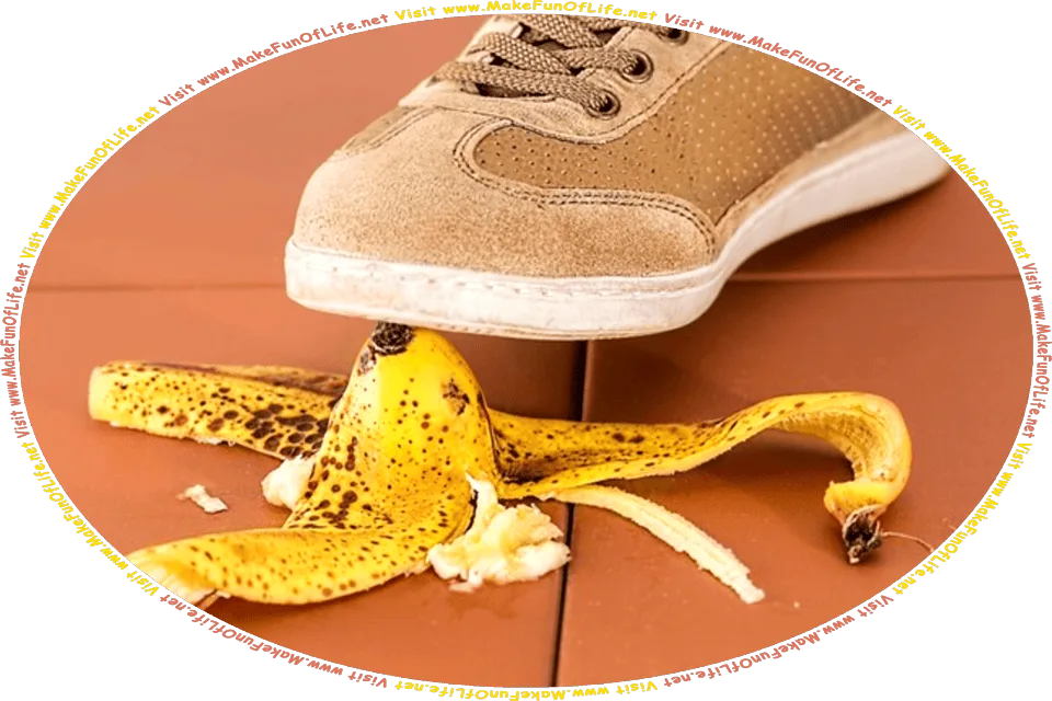 Picture of a person about to step on a slippery banana peel that is on a floor, and the words, Visit www.MakeFunOfLife.net.