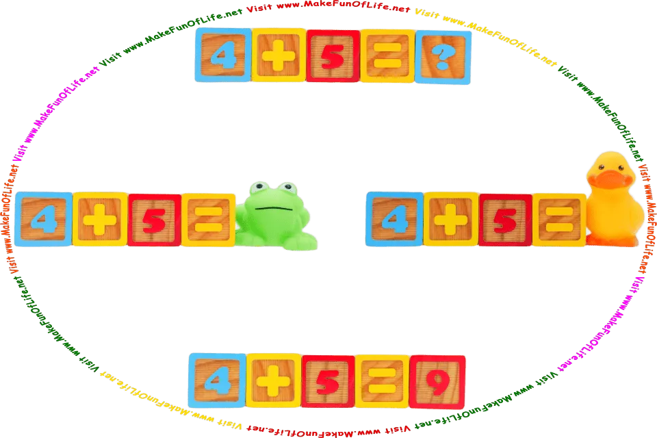 Picture of a math quiz, 4 plus 5 equals what, with possible answers: 4 plus five equals green frog, 4 + 5 equals duckling, 4 + 5 equals 9, and the words, Visit www.MakeFunOfLife.net.