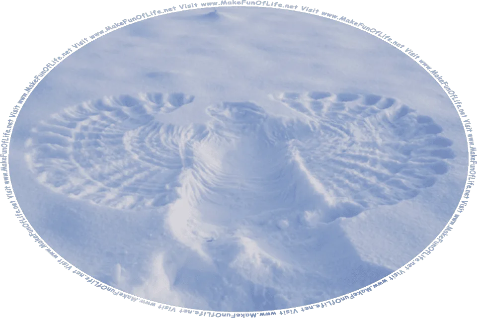Picture of a snow angel made by someone lying on their back and moving their arms up and down across the snow, and the words, Visit www.MakeFunOfLife.net.