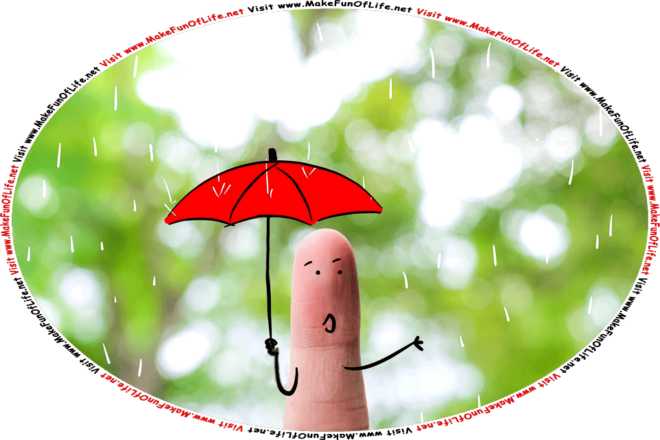 Picture of a person standing outside, caught in the rain, and the words, Visit www.MakeFunOfLife.net.