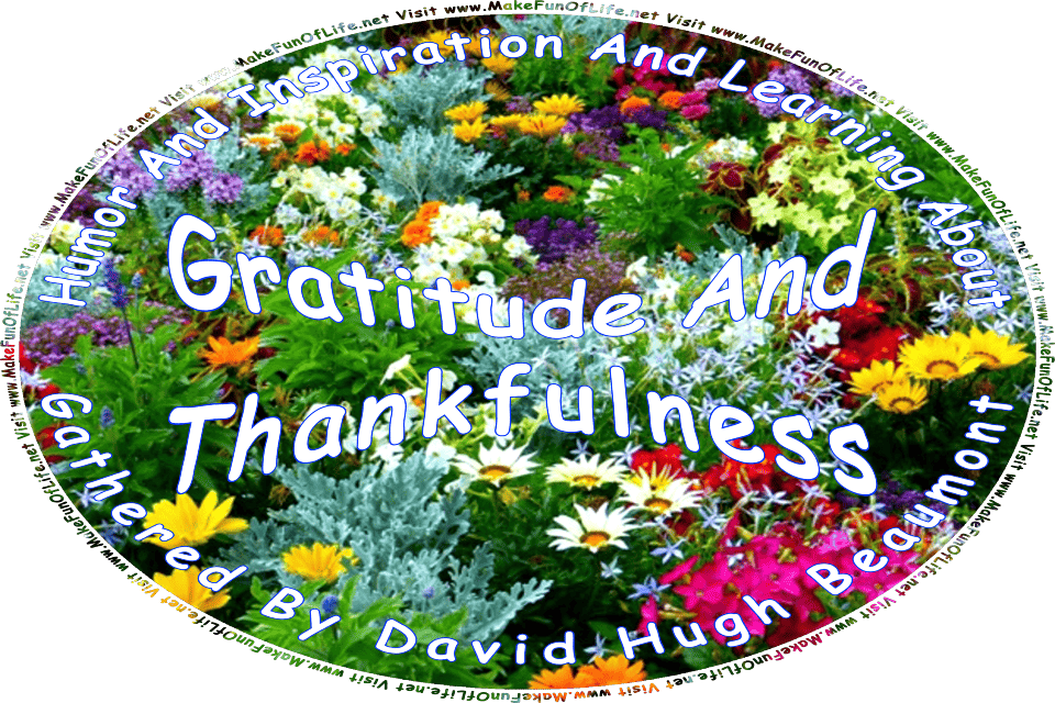 Picture of a variety of flowering plants with differently colored blossoms, and the words, Humor And Inspiration And Learning About Gratitude And Thankfulness Gathered By David Hugh Beaumont - Visit www.MakeFunOfLife.net.