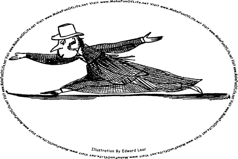 Sketch by Edward Lear of a running man wearing a robe, and the words, Visit www.MakeFunOfLife.net.