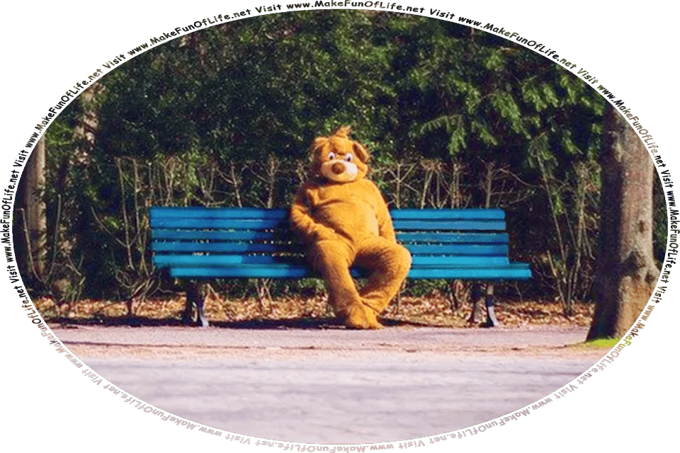 Picture of a person dressed in a whimsical furry brown dog costume, sitting alone on a bench under green leafy trees in a park, and the words, Visit www.MakeFunOfLife.net.