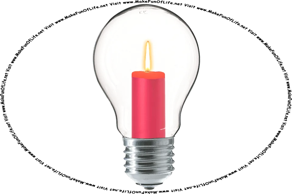 Picture of a light bulb, inside of which is a lit wax candle instead of a filament, and the words, Visit www.MakeFunOfLife.net.