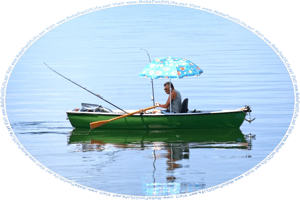 Picture of a man sitting on a chair in a rowboat, a fishing pole extending out from the boat on each side, oars in his hands, a large umbrella on a pole over himself, an anchor dangling from the bow of the rowboat, which is on a lake, and the words, Visit www.MakeFunOfLife.net.