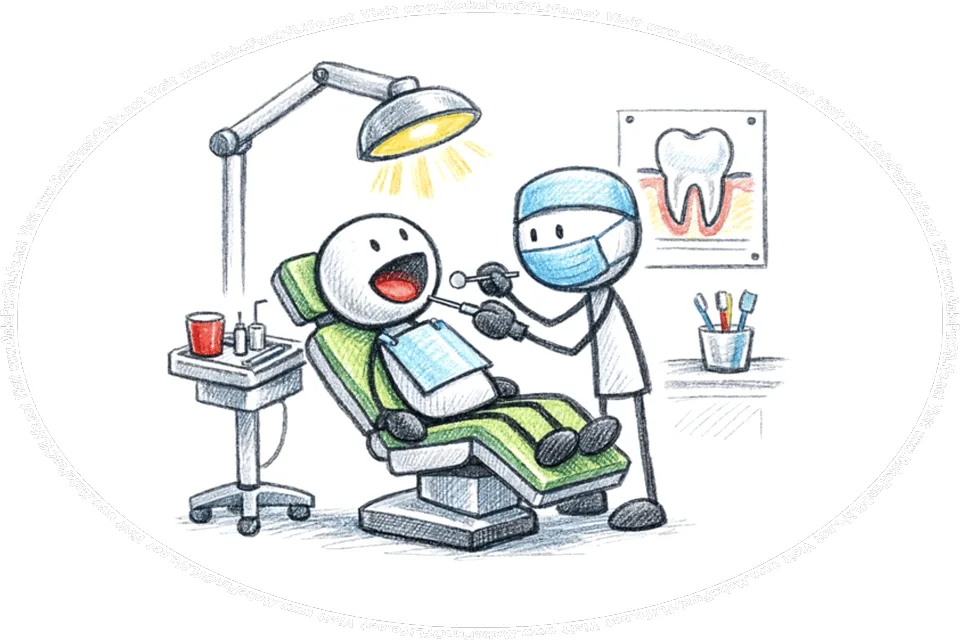 Cartoon picture of a dentist’s office, with a patient sitting in a chair as the dentist examines the patient’s teeth, Visit www.MakeFunOfLife.net.