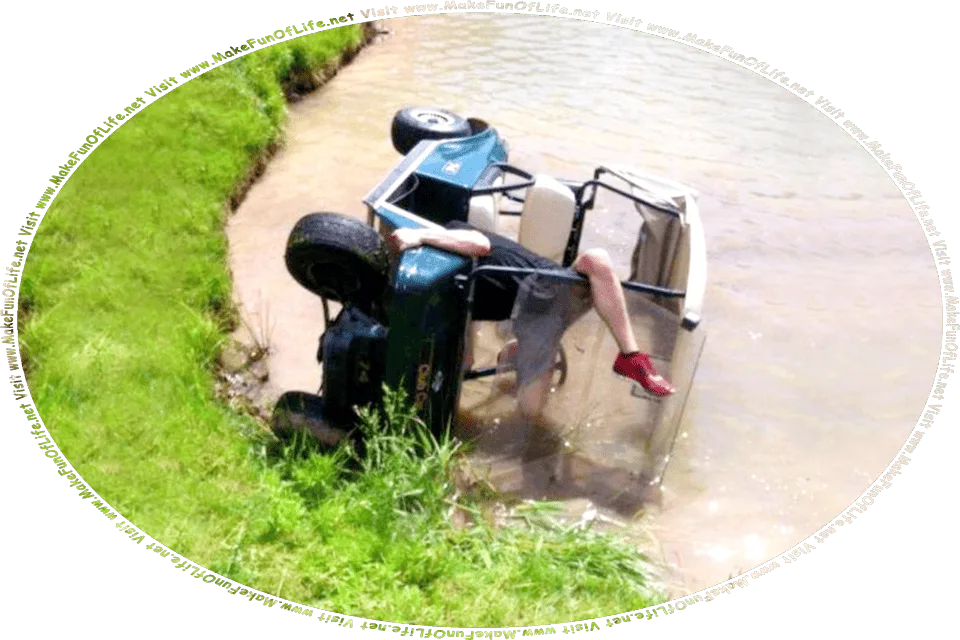 Picture of a golf cart that has rolled into a pool of water, and is lying on its side, with the driver trying to get himself out of the golf cart, and the words, Visit www.MakeFunOfLife.net.