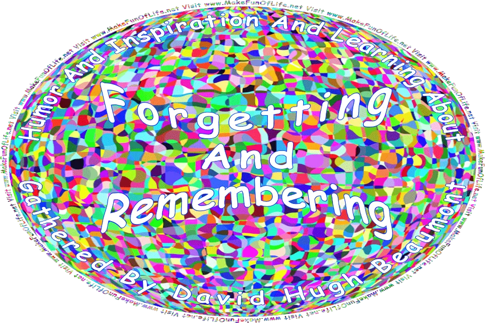 Picture of a background of multicolored abstract or irregular shapes, and the words, Humor And Inspiration And Learning About Forgetting And Remembering Gathered By David Hugh Beaumont - Visit www.MakeFunOfLife.net.