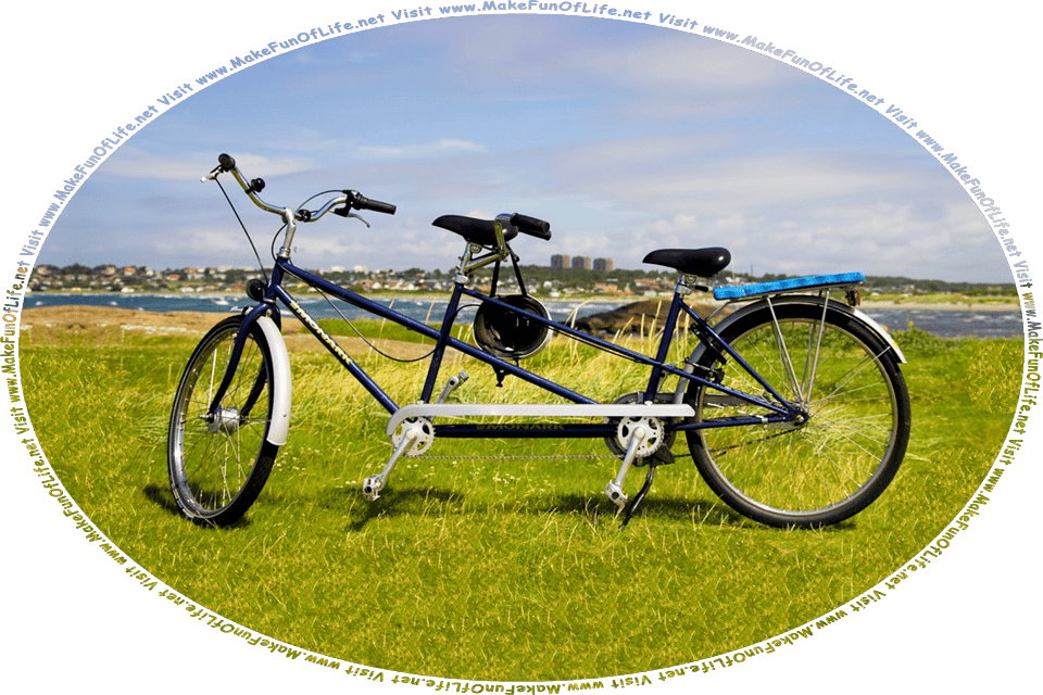Picture of a bicycle built for two in a grassy area near a seaside resort, and the words, Visit www.MakeFunOfLife.net.