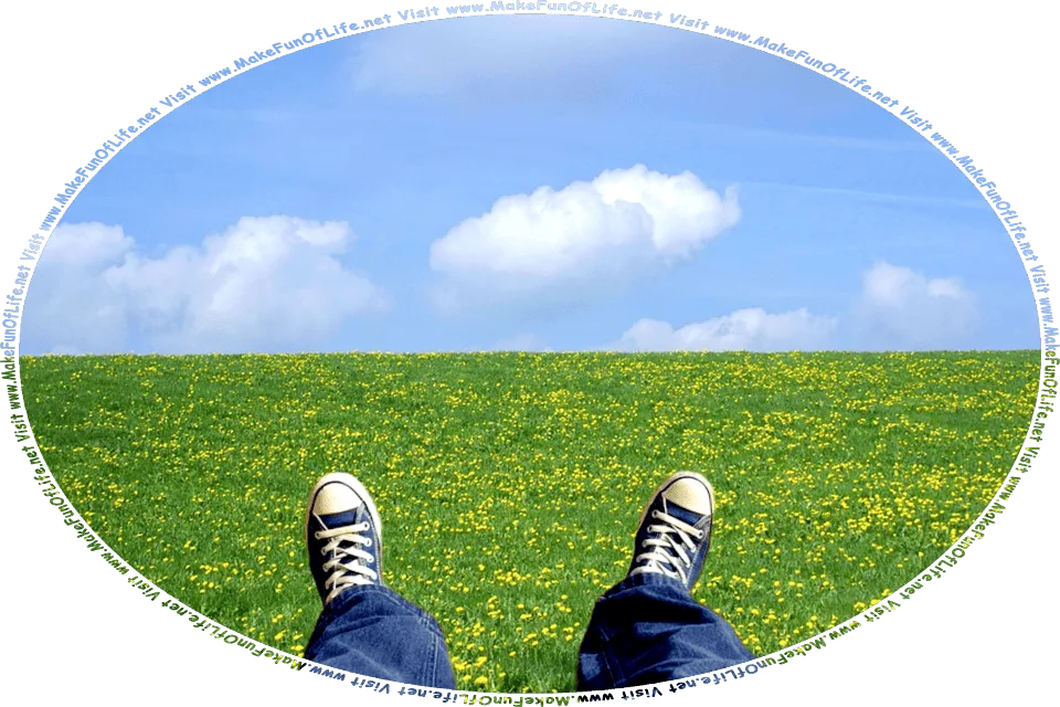 Picture of a person’s legs and feet as the person lies on a field of green grass and flowering plants with yellow blossoms, under a blue sky with fluffy white clouds, and the words, Visit www.MakeFunOfLife.net.