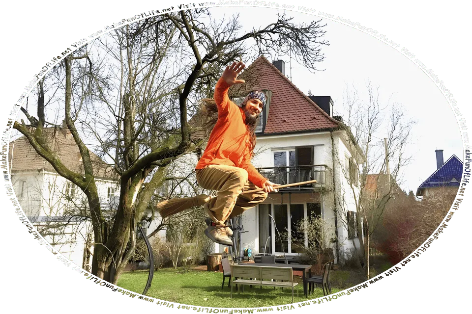 Picture of a young man smiling and waving, while flying on a broom through the air above his backyard, and the words, Visit www.MakeFunOfLife.net.