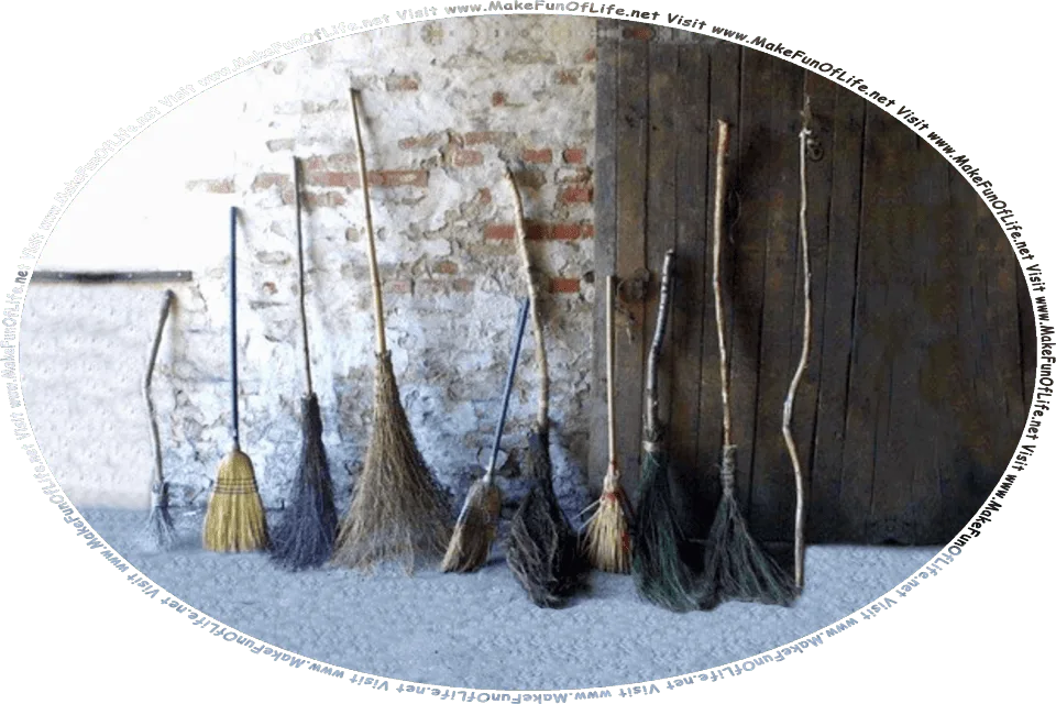 Picture of ten brooms, some store-bought and some hand-made, lined up and leaning against the wall by the door of an old building, and the words, Visit www.MakeFunOfLife.net.