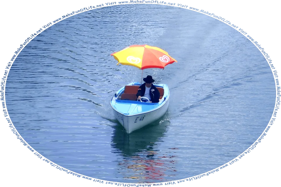 Picture of a man driving a small boat on a river, with a large parasol or umbrella mounted onto the boat to provide shade from the Sun, and the words, Visit www.MakeFunOfLife.net.