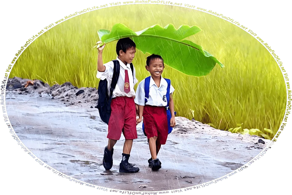 Picture of two happy smiling boys walking in the rain, while using a large green banana plant leaf as an umbrella, and the words, Visit www.MakeFunOfLife.net.