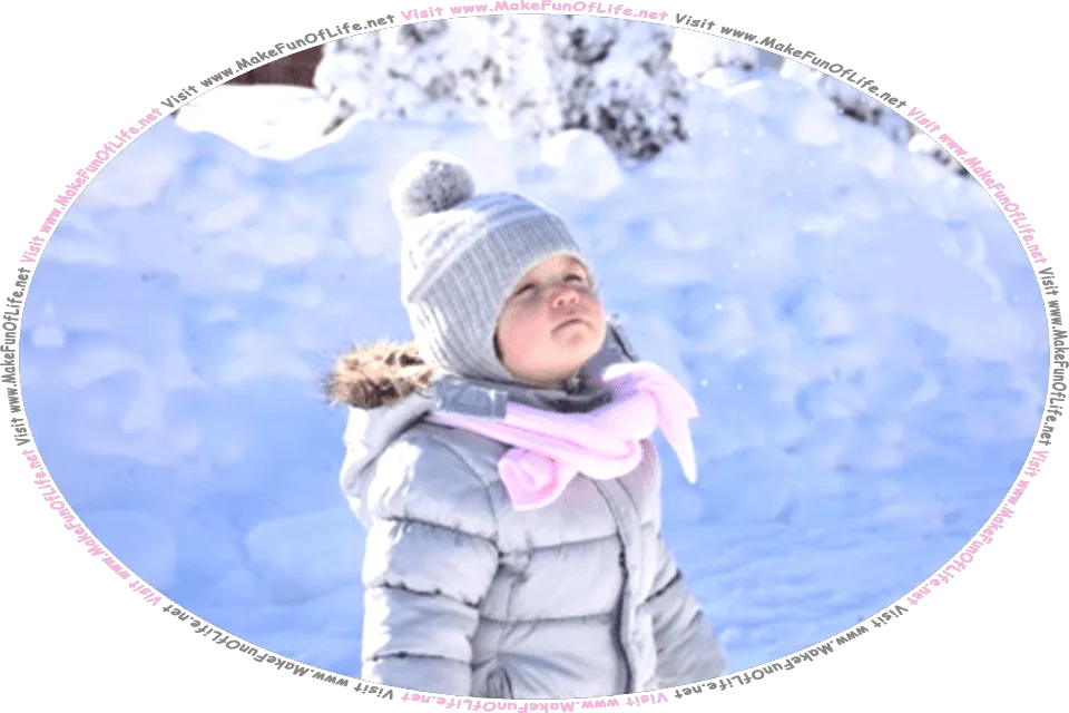 Picture of a child standing outside on a cold snowy Winter day, and the words, Visit www.MakeFunOfLife.net.