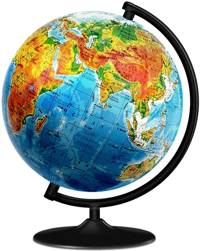 Picture of a globe mounted on a base so that it can be spon around to show different parts of the world, including countries and seas, with the place names printed on the globe.